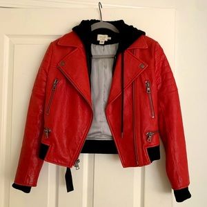 Alice + Olivia Red Leather Moto Jacket with Attached Hoodie XS MSRP $995